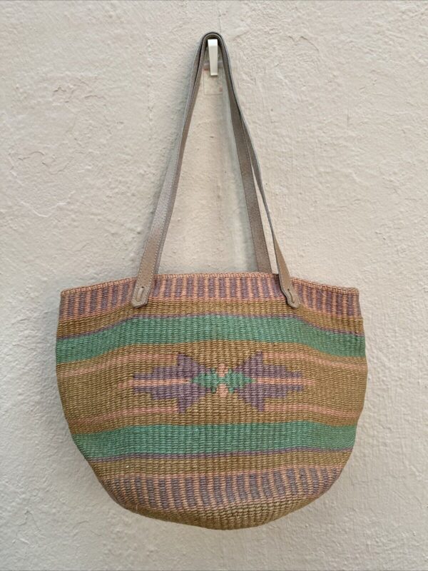 Vintage Woven Bucket Basket Tote Leather Handles Sisal Jute Market Beach Boho