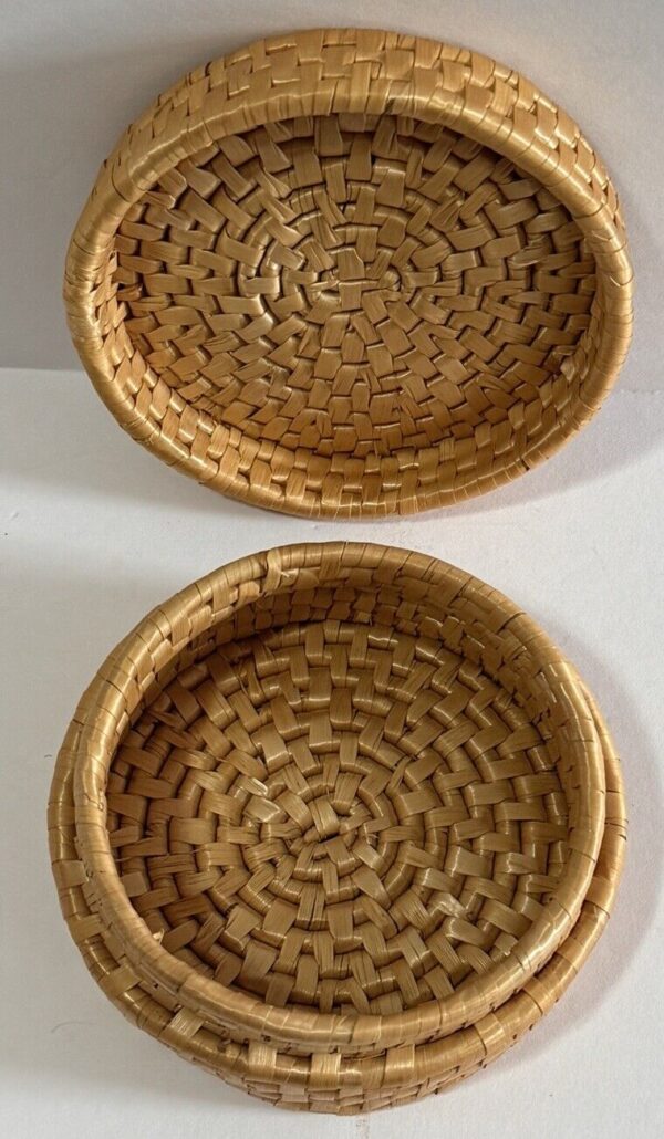 Vintage Woven In Lidded Round Trinket 4” Basket Cottage Bohemian Boho Straw