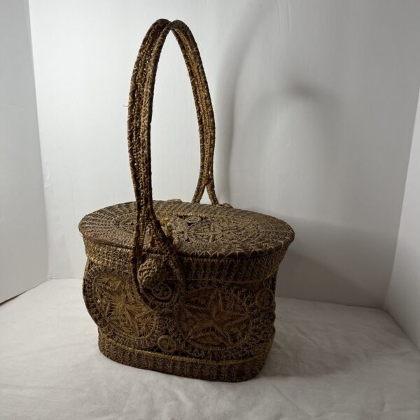 Vintage Woven Pine Straw Basket Purse Retro Boho - Image 3