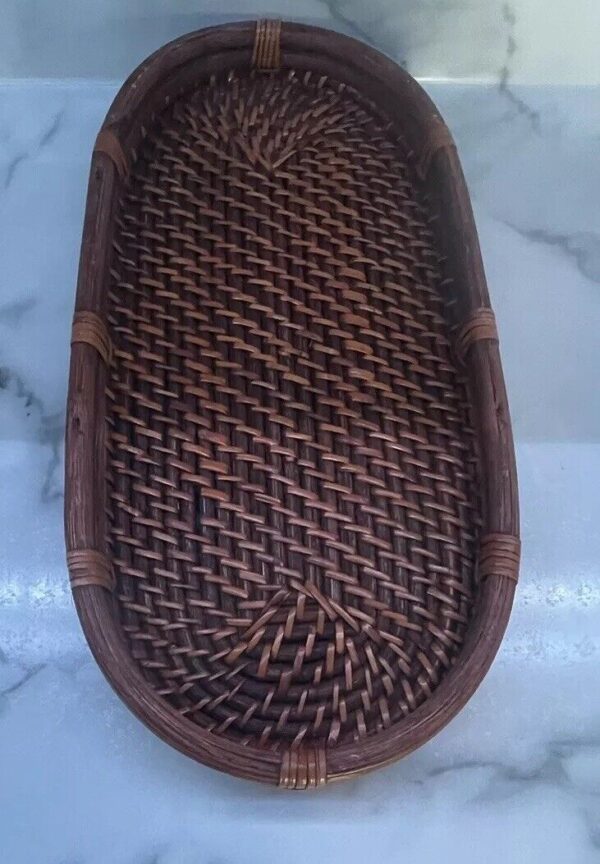 Vintage Woven Rattan Bamboo Basket Boho Serving Tray Knick Knacks Plants Vanity