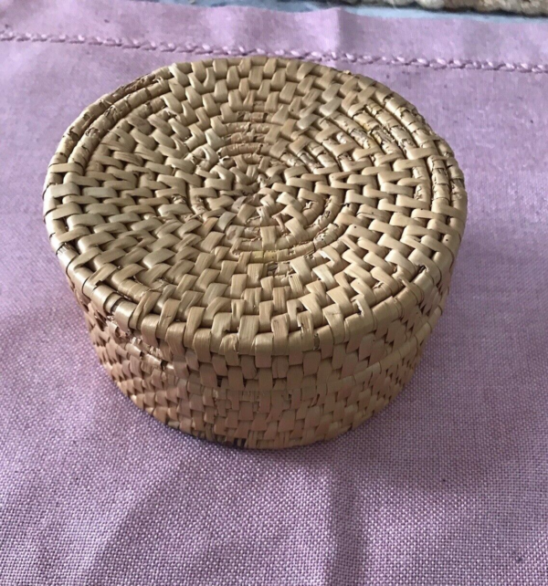 Vintage Woven Rattan Coasters & Lidded Holder Box Basket Set of 6 Boho Free Ship - Image 2