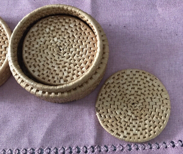 Vintage Woven Rattan Coasters & Lidded Holder Box Basket Set of 6 Boho Free Ship - Image 4