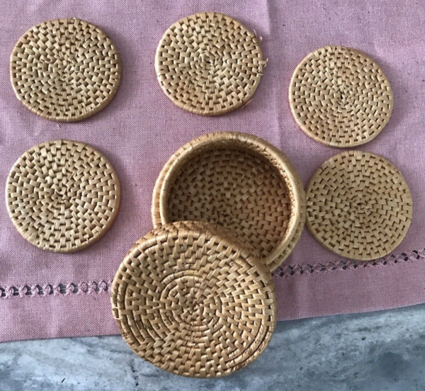 Vintage Woven Rattan Coasters & Lidded Holder Box Basket Set of 6 Boho Free Ship