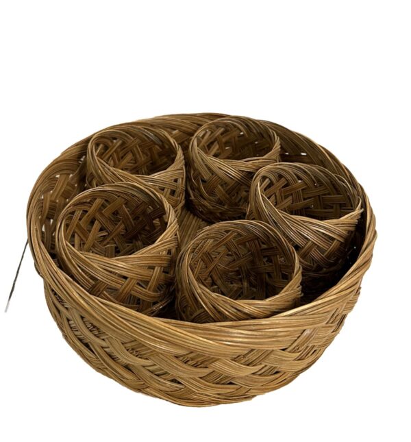 Vintage Woven Wicker Boho Round Serving Basket with 5 Cup Holders Sleeves