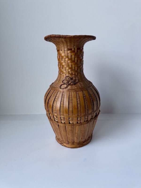 Vintage Woven Wicker Rattan Bamboo Boho Basket Vase 13in Tall MCM Home Decor - Image 2