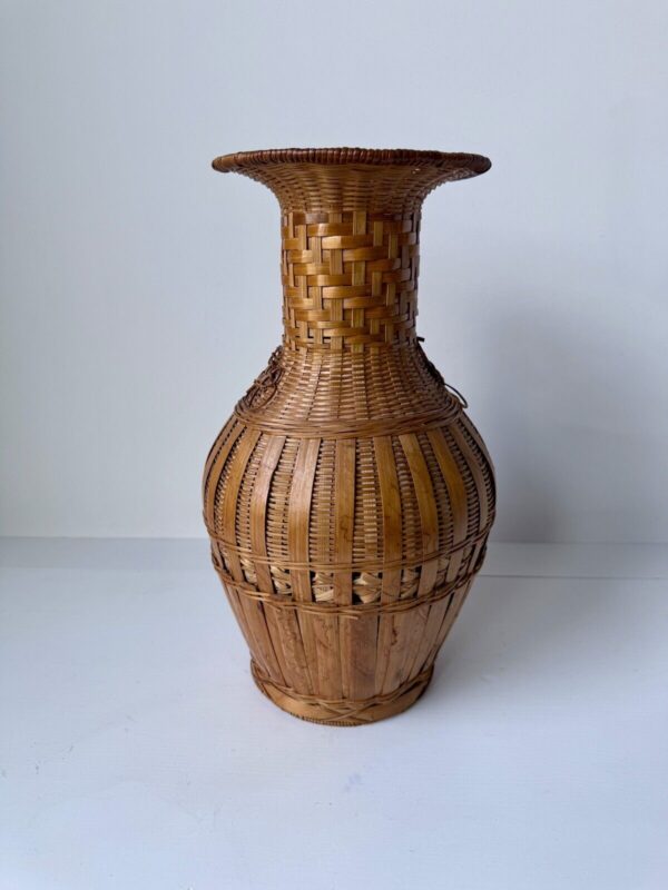 Vintage Woven Wicker Rattan Bamboo Boho Basket Vase 13in Tall MCM Home Decor - Image 4