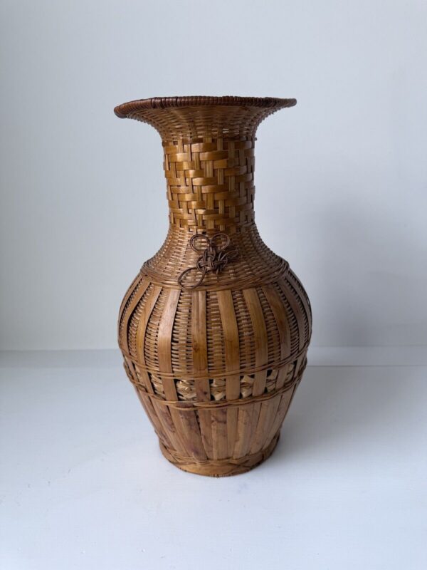 Vintage Woven Wicker Rattan Bamboo Boho Basket Vase 13in Tall MCM Home Decor - Image 5