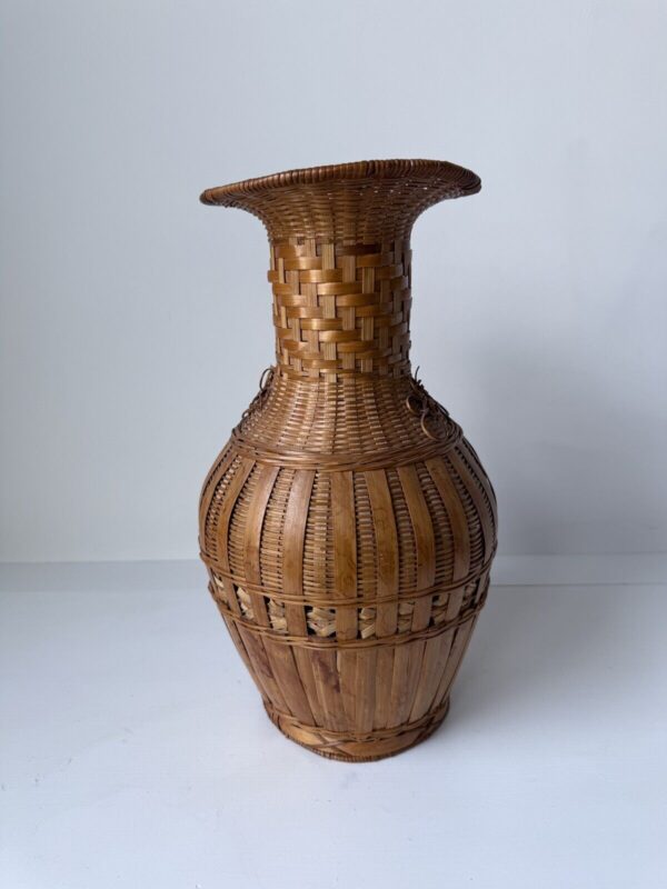 Vintage Woven Wicker Rattan Bamboo Boho Basket Vase 13in Tall MCM Home Decor - Image 6