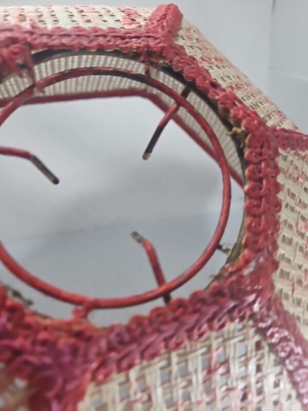 Vintage Woven Wicker Rattan Swag Red White Lamp Shade. - Image 5