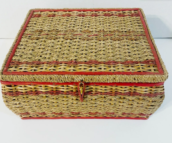 Vintage Woven Wicker Sewing Basket With Tray Insert Made in Japan