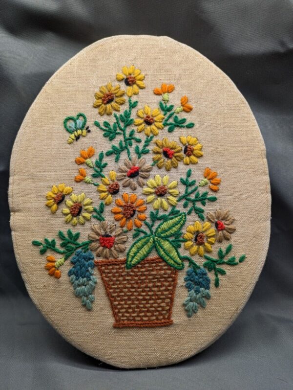 Vtg 1973 FLOWER basket Framed Needlecraft Embroidered YARN Wall Art Boho 14x11