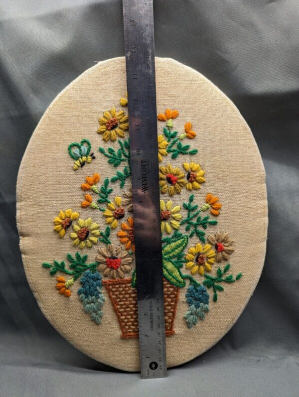 Vtg 1973 FLOWER basket Framed Needlecraft Embroidered YARN Wall Art Boho 14x11 - Image 3