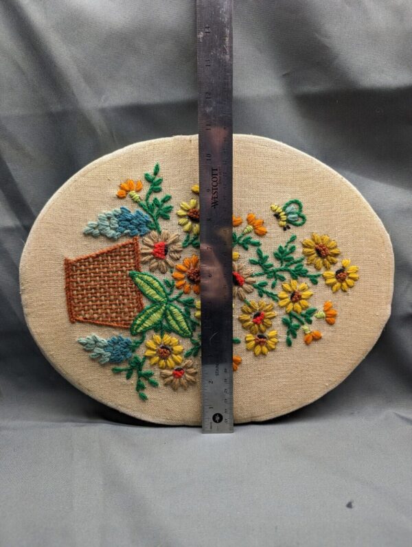 Vtg 1973 FLOWER basket Framed Needlecraft Embroidered YARN Wall Art Boho 14x11 - Image 4