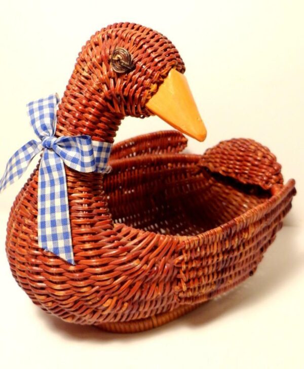 Vtg 8" Brown Rattan Wicker Goose Duck Bird Basket Blue Gingham Bow Home Decor