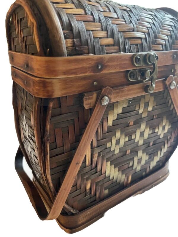 VTG ‘80s BOHO Woven Wood Metal Bamboo Latched Hinged Basket, Handles BOMBAY CO - Image 3