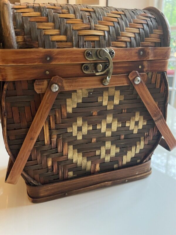 VTG ‘80s BOHO Woven Wood Metal Bamboo Latched Hinged Basket, Handles BOMBAY CO