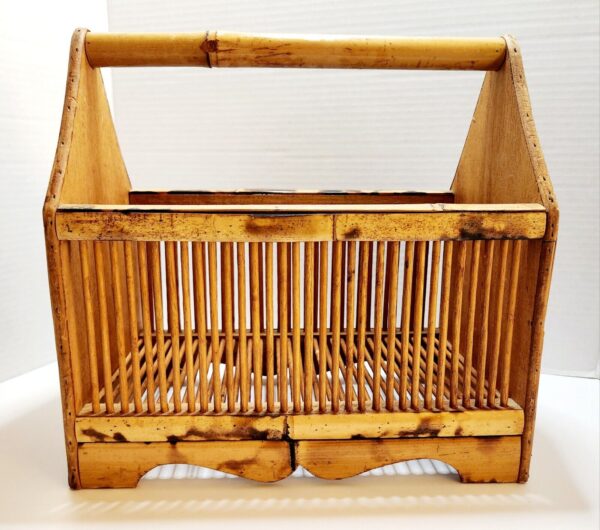 VTG Bamboo Rattan Magazine Floor Rack Holder MCM Record Stand Basket Boho 14x14" - Image 2