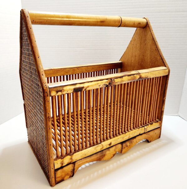 VTG Bamboo Rattan Magazine Floor Rack Holder MCM Record Stand Basket Boho 14x14" - Image 5