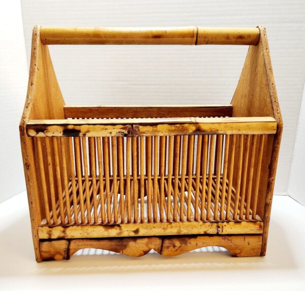 VTG Bamboo Rattan Magazine Floor Rack Holder MCM Record Stand Basket Boho 14x14" - Image 6