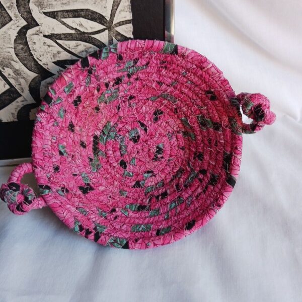 VTG Bohemian Rag Rope Woven Basket Rose Pink Green Small Farmhouse Boho