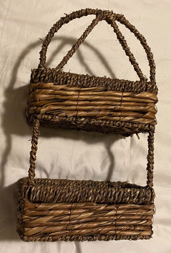 VTG Boho Chic Wicker Hanging Wall Shelf Baskets 2 Tier Farmhouse Cottage Core - Image 4