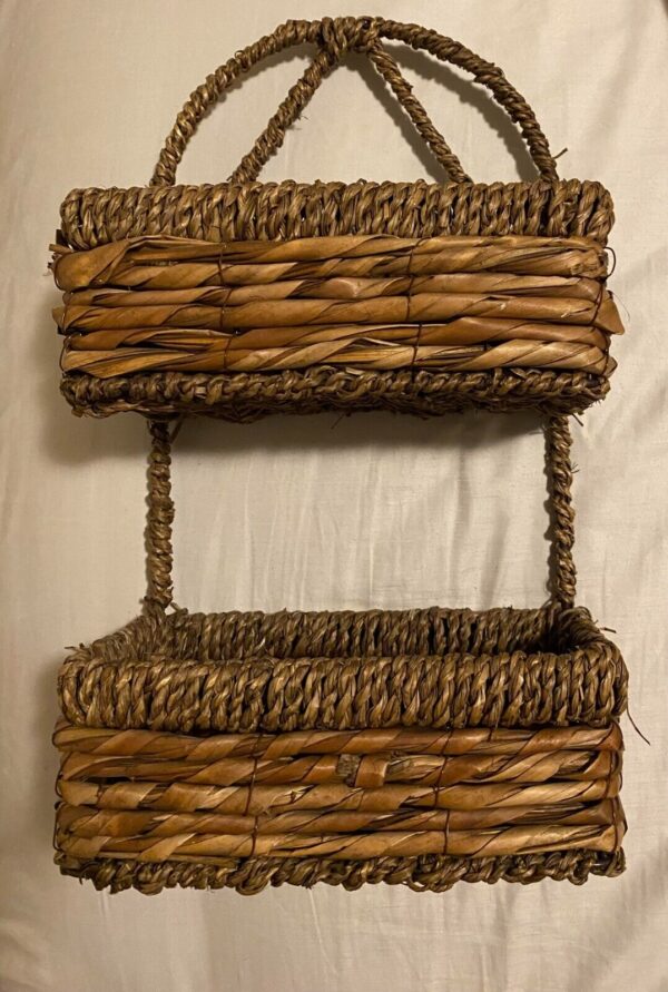 VTG Boho Chic Wicker Hanging Wall Shelf Baskets 2 Tier Farmhouse Cottage Core