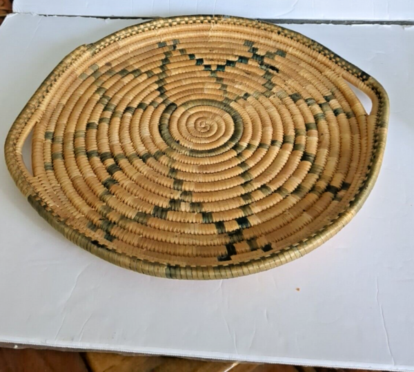 VTG Boho Coil Basket Grass Hand Woven Tan Green Basket Bowl Tray plate holder - Image 2