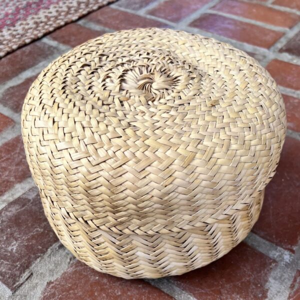 VTG Boho Grass Basket W/Lid 10" Round Mexican Tarahumara Zig Zag Double Weave