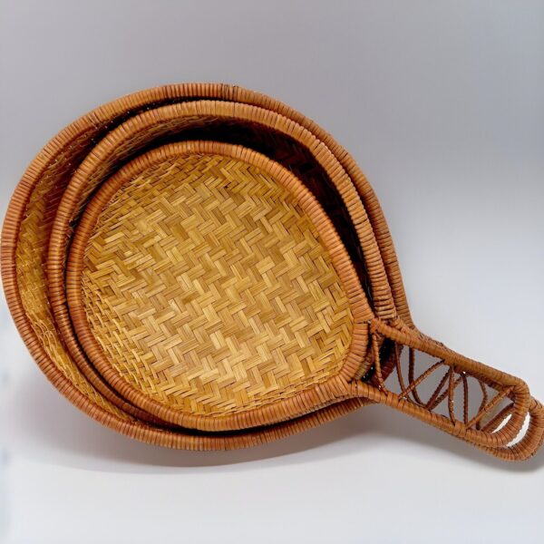 Vtg Boho Woven Basket W/ Handle Wall Decor Tray Country Cabin Nesting - 3 Set - Image 3