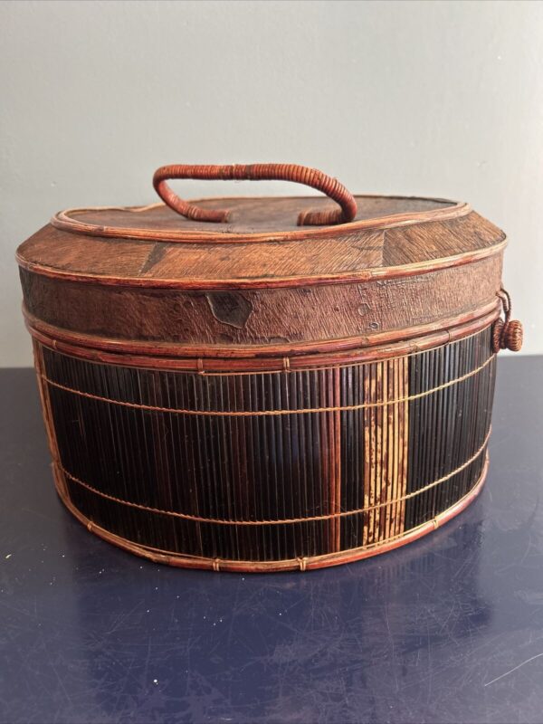 VTG Brown Rattan & Bambooo Storage Badket w/ Hinged Lid Padded Interior Boho - Image 2