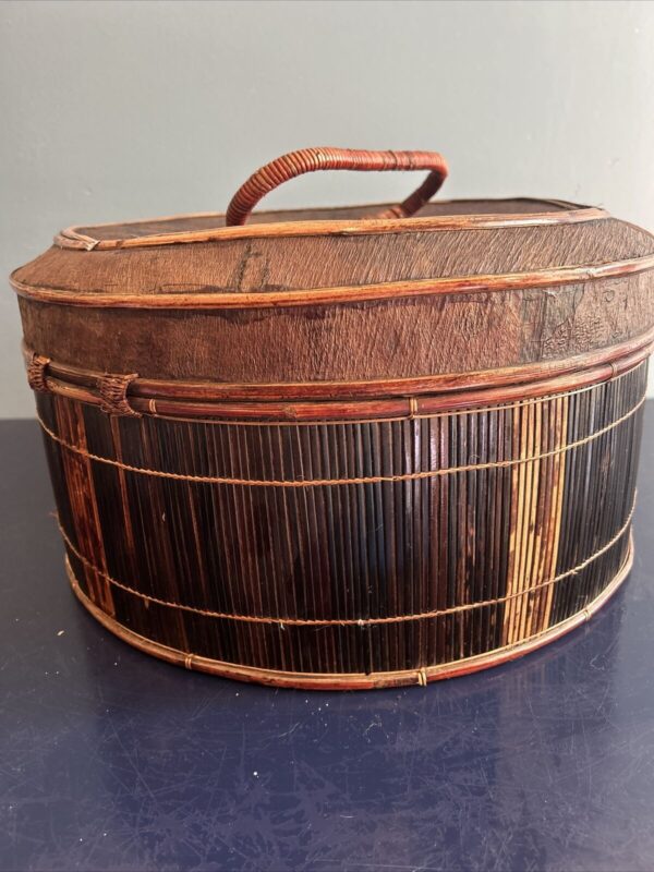 VTG Brown Rattan & Bambooo Storage Badket w/ Hinged Lid Padded Interior Boho - Image 3