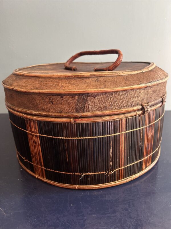 VTG Brown Rattan & Bambooo Storage Badket w/ Hinged Lid Padded Interior Boho - Image 4