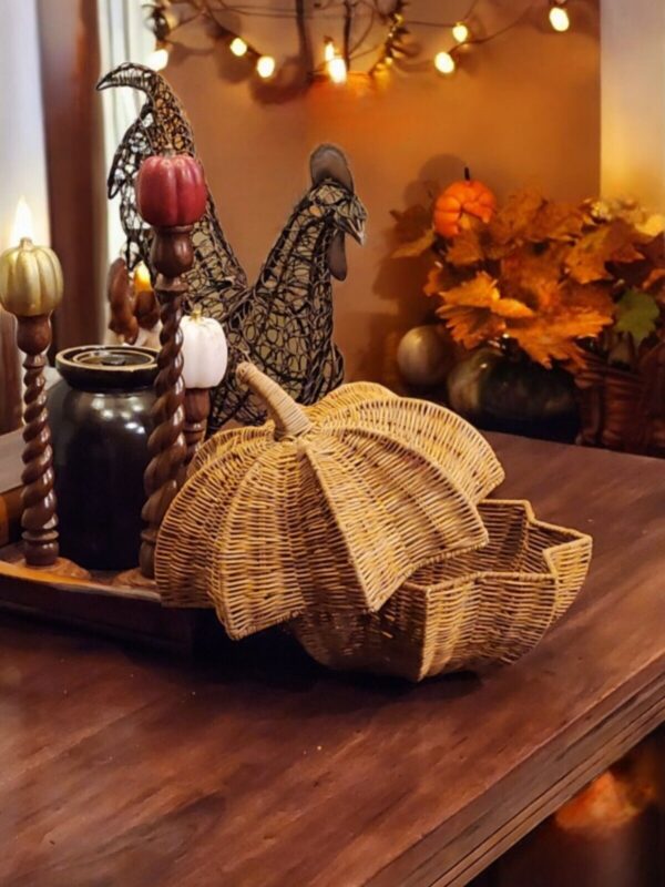 Vtg Fall Decor Wicker Rattan Basket Pumpkin Shaped Lid Storage Basket Harvest - Image 3