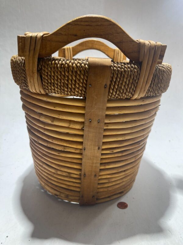 VTG Gathering Basket Split Reed Jute Log Wood Handles Folk Art Rustic 13.5"D - Image 3