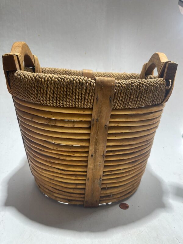 VTG Gathering Basket Split Reed Jute Log Wood Handles Folk Art Rustic 13.5"D