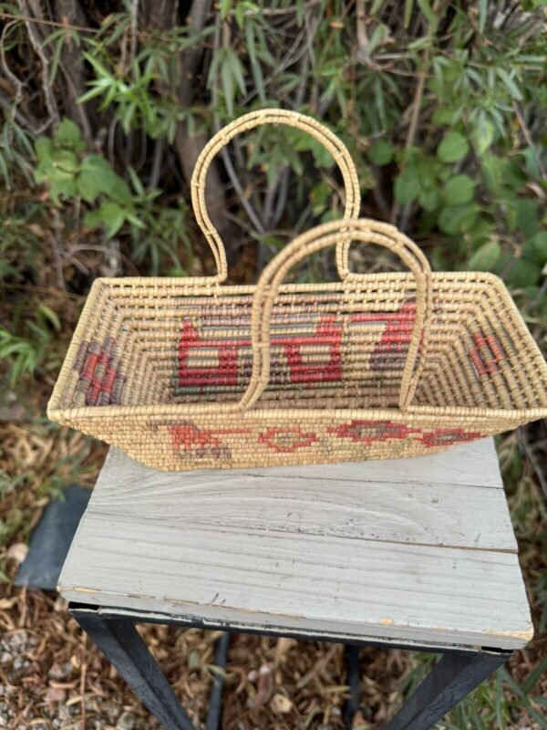 Vtg Hand Woven Coil Handles Wicker Basket Southwestern Mexican Boho Dual Handle - Image 3