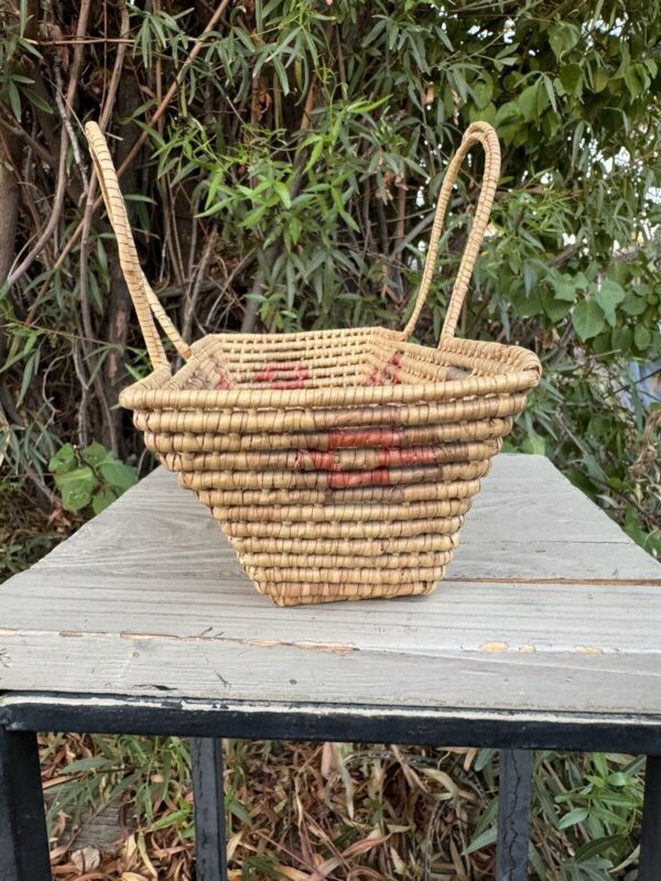 Vtg Hand Woven Coil Handles Wicker Basket Southwestern Mexican Boho Dual Handle - Image 5