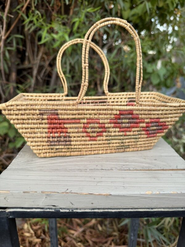 Vtg Hand Woven Coil Handles Wicker Basket Southwestern Mexican Boho Dual Handle