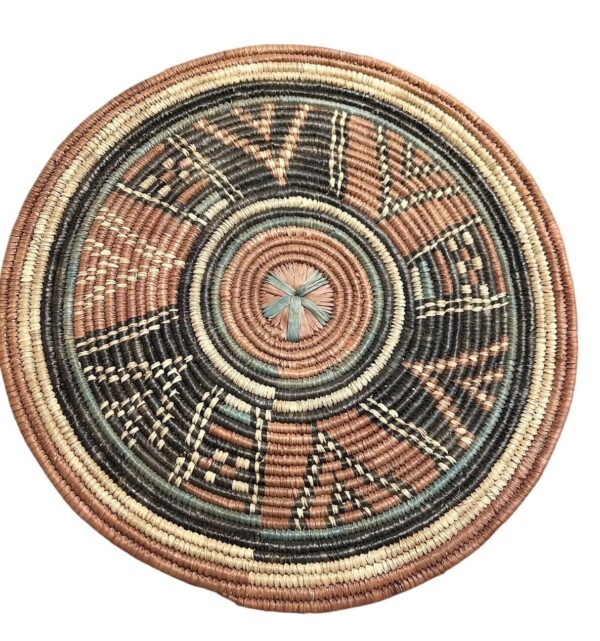 Vtg Hand-Woven Round Pattern African Coiled Flat Basket Plate Wall Decor Boho