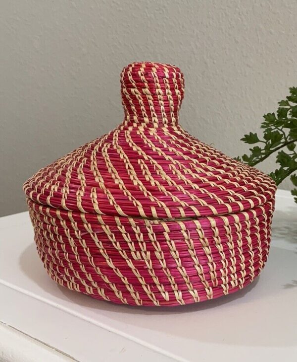 Vtg Pink Woven Coil Basket African Sweetgrass Boho Hippie Trinket Box Handmade - Image 2