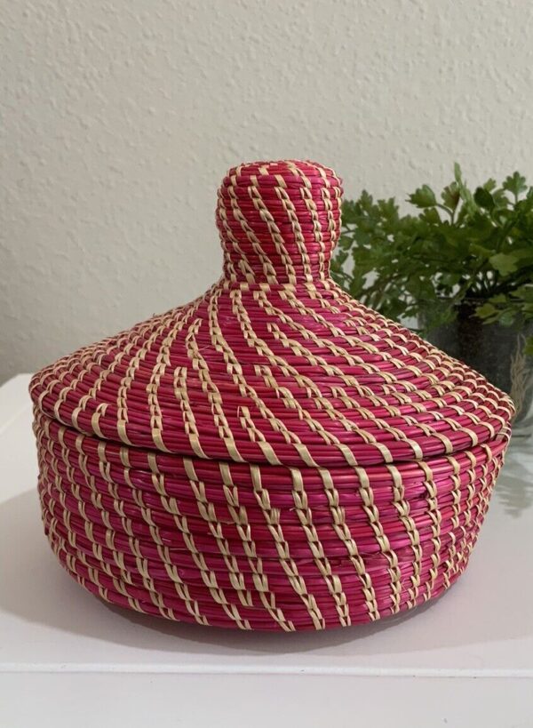 Vtg Pink Woven Coil Basket African Sweetgrass Boho Hippie Trinket Box Handmade - Image 4