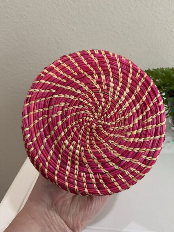 Vtg Pink Woven Coil Basket African Sweetgrass Boho Hippie Trinket Box Handmade - Image 5