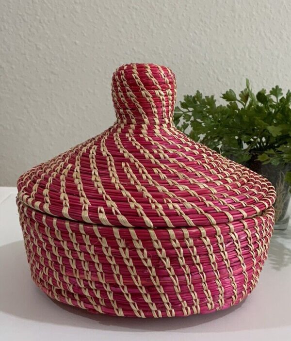 Vtg Pink Woven Coil Basket African Sweetgrass Boho Hippie Trinket Box Handmade