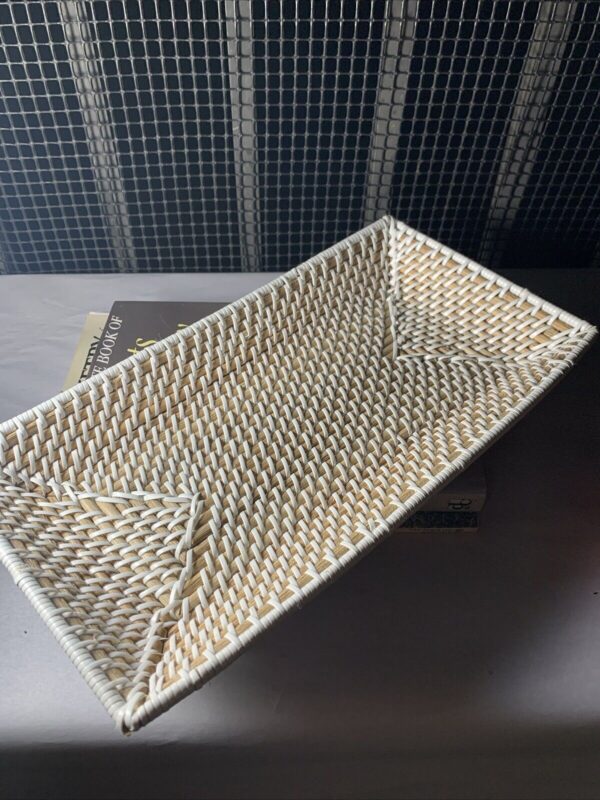 Vtg Pottery Barn Woven Bamboo Tray Basket Rectangle Beige White 14x7” Farmhouse