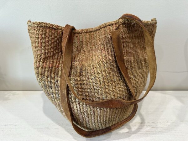 Vtg Sisal Market Jute Tote Bag Art Woven Raffia Bucket Basket Leather - Image 2