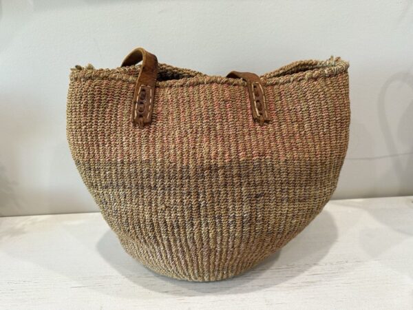 Vtg Sisal Market Jute Tote Bag Art Woven Raffia Bucket Basket Leather - Image 3