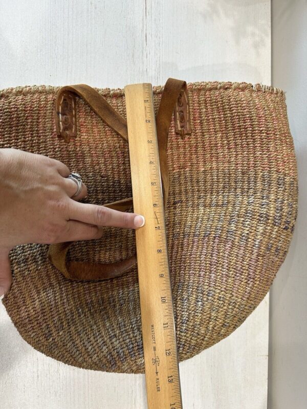 Vtg Sisal Market Jute Tote Bag Art Woven Raffia Bucket Basket Leather - Image 6