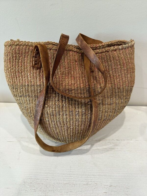 Vtg Sisal Market Jute Tote Bag Art Woven Raffia Bucket Basket Leather