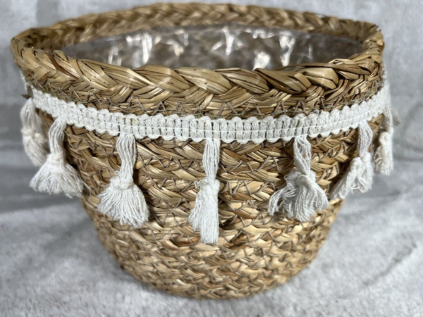 Vtg Small Round Natural Woven Wicker Planter Basket Boho Home Decor White Fringe