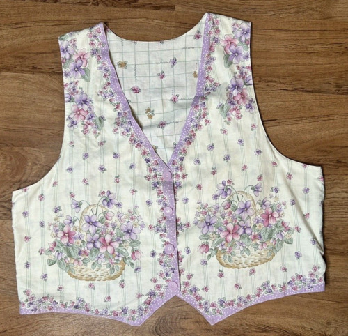 VTG Vest XL Cottagecore Pastel Spring Floral Country Basket Boho Indie Handmade - Image 7